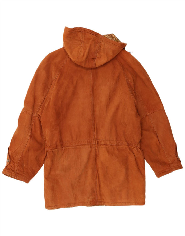 Parka vintage da uomo in pelle scamosciata con cappuccio IT 50 grande in pelle marrone