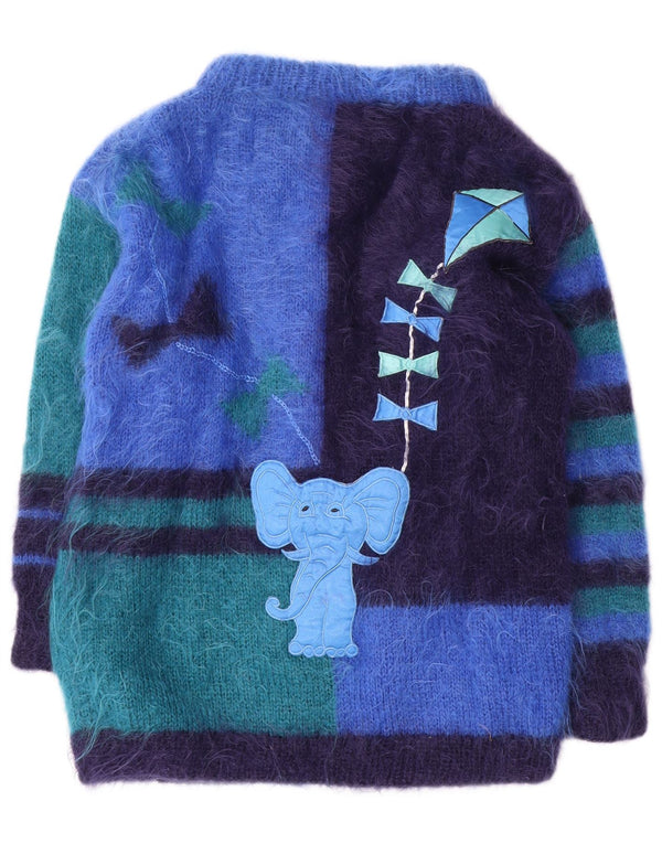 Maglione cardigan grafico da donna vintage UK 16 grande blocco di colore blu