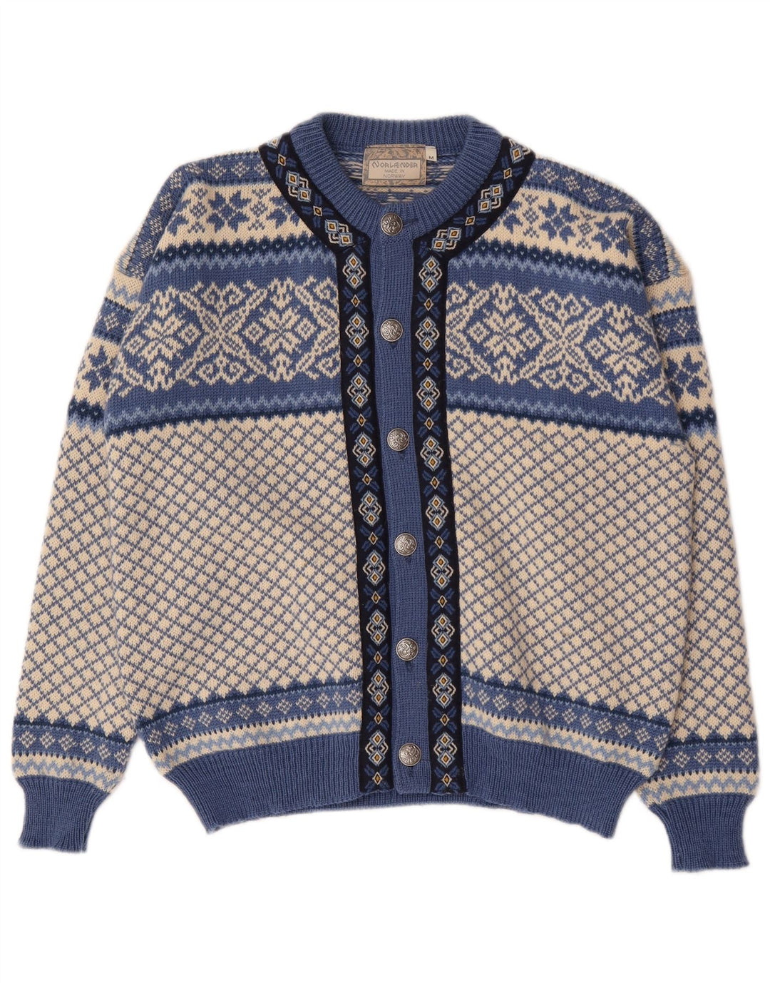 Maglione cardigan da uomo vintage blu medio Fair Isle
