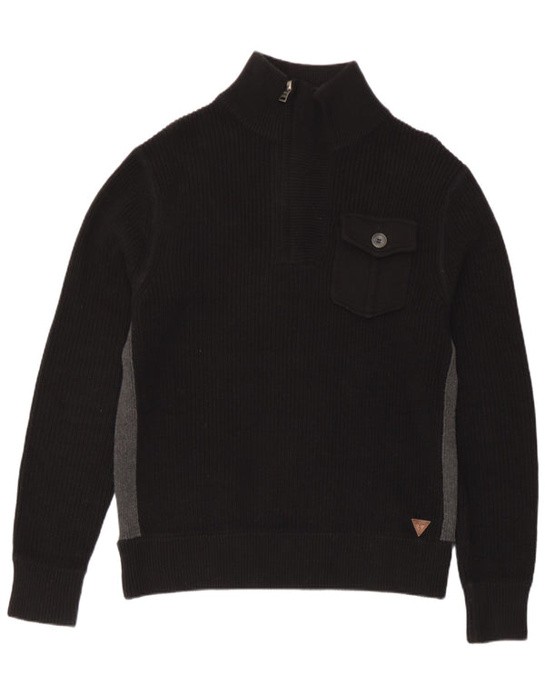 Guess Maglione da uomo con collo con zip UK 36 Piccolo cotone color block nero