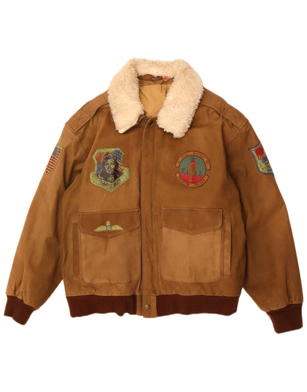 Giacca in pelle grafica da uomo vintage IT 56 3XL Marrone