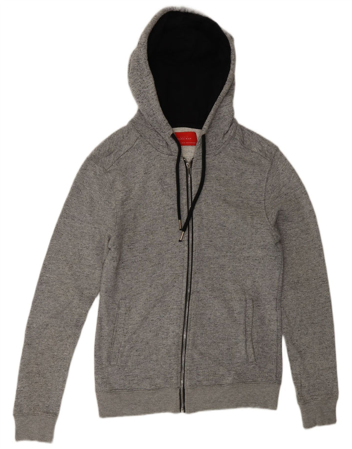 Maglione con cappuccio e zip da uomo Zara piccolo in cotone chiazzato grigio