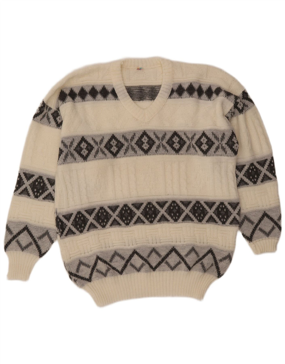 VINTAGE Maglione da uomo con scollo a V grande Fair Isle bianco sporco