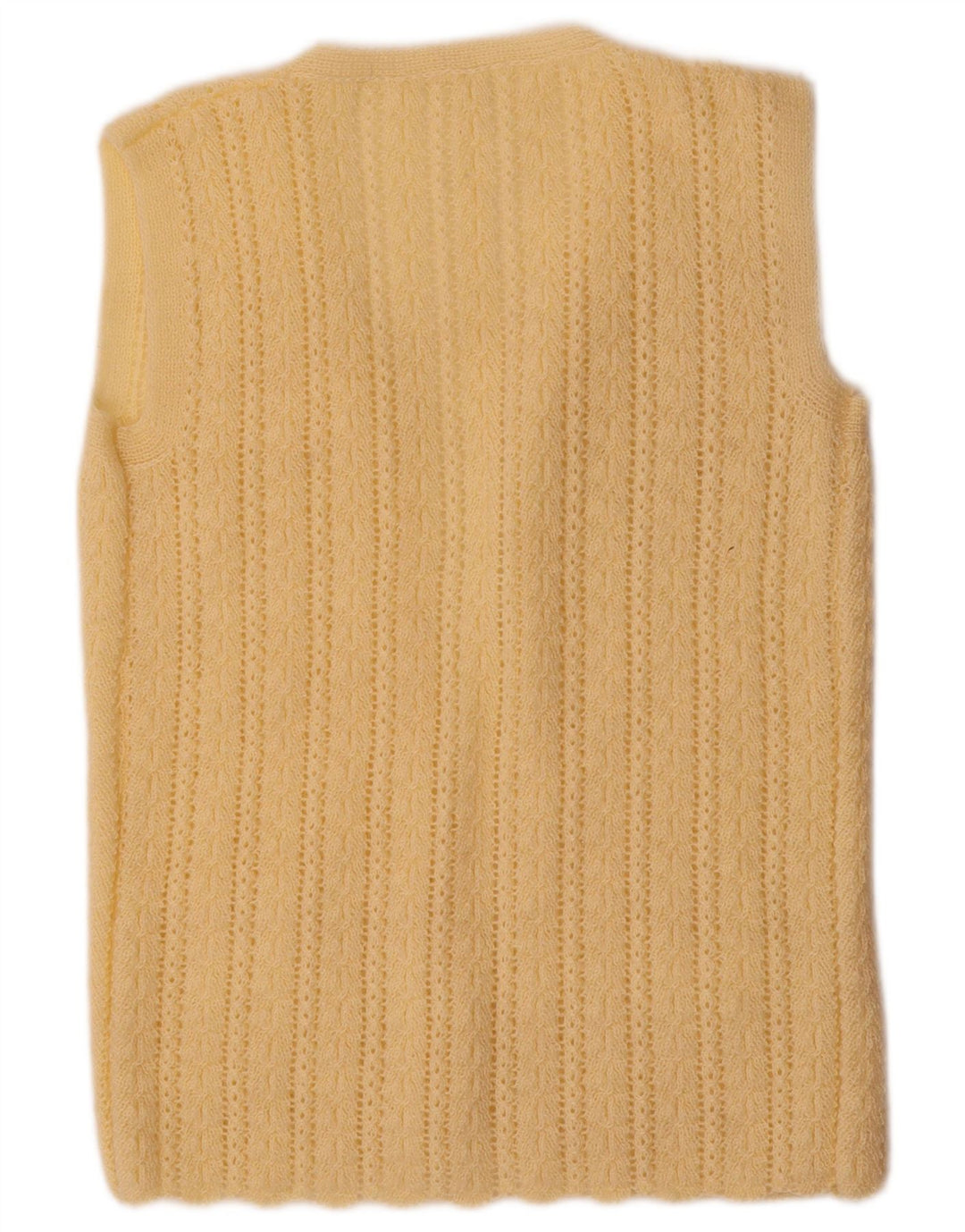 Maglione cardigan aperto senza maniche vintage da donna UK 12 giallo medio