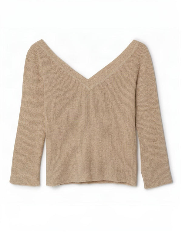 Maglione corto con scollo a V e maniche a 3/4 da donna Zara UK 14 Large Beige screziato