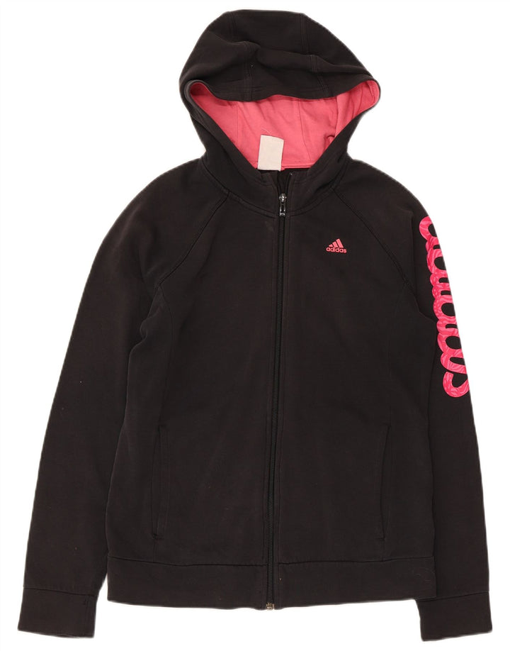 ADIDAS Girls Graphic Zip Hoodie Sweater 13-14 Years Black Cotton