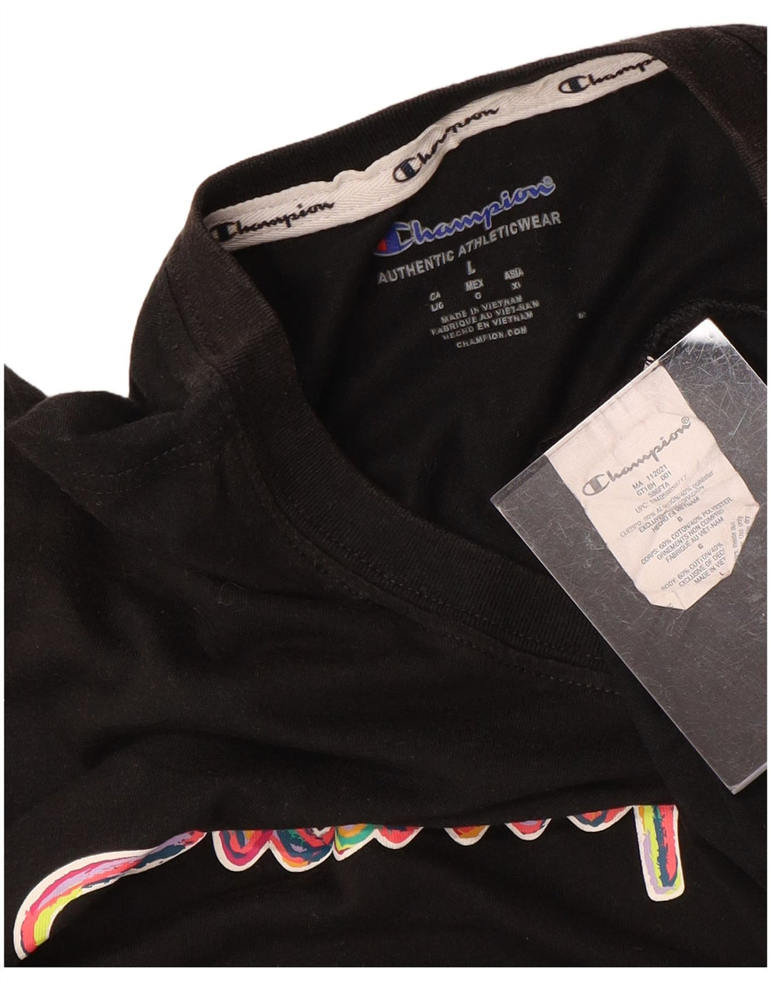 T-shirt grafica da donna CHAMPION Top UK 16 grande cotone nero