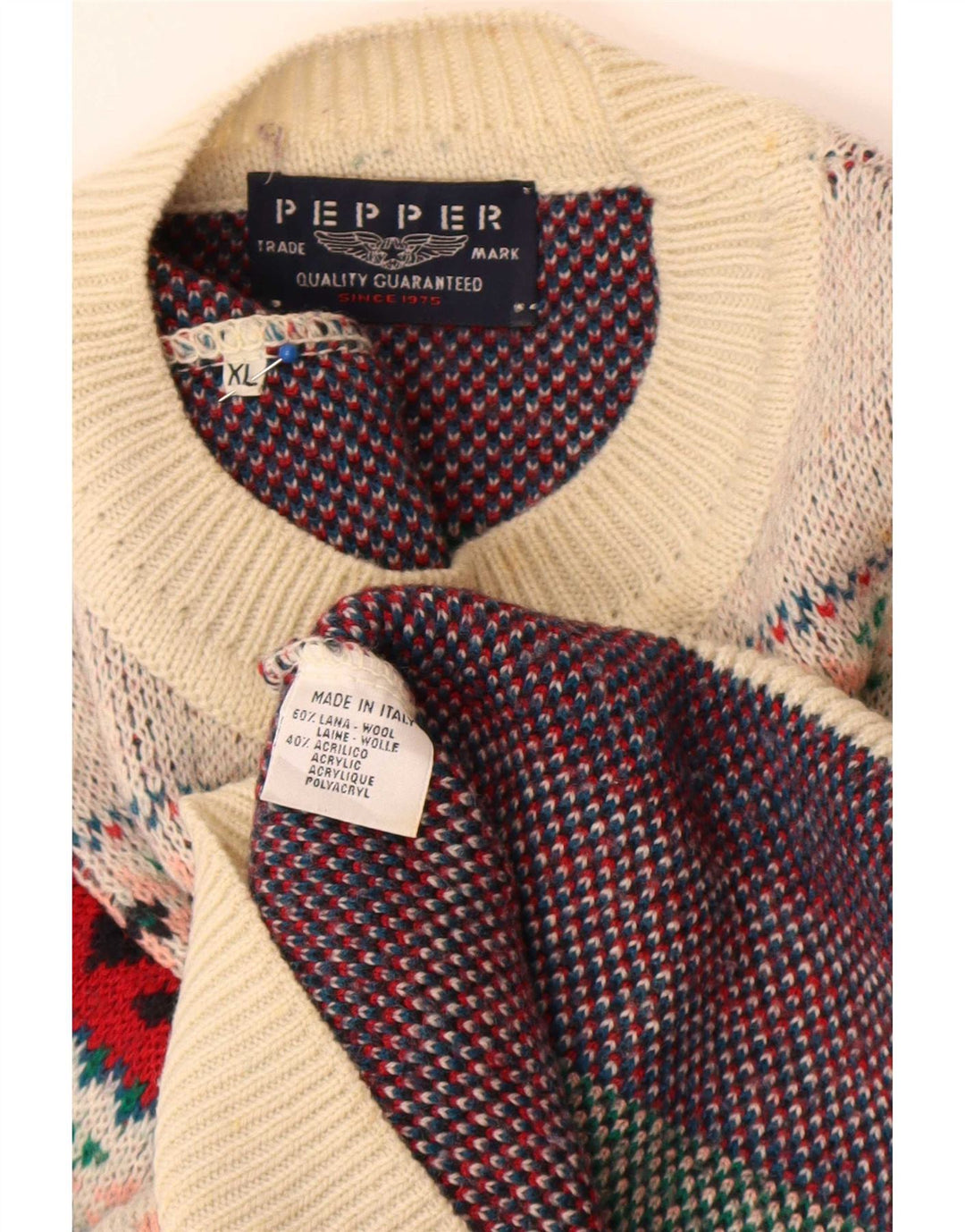 Maglione girocollo da uomo vintage in lana geometrica multicolore XL