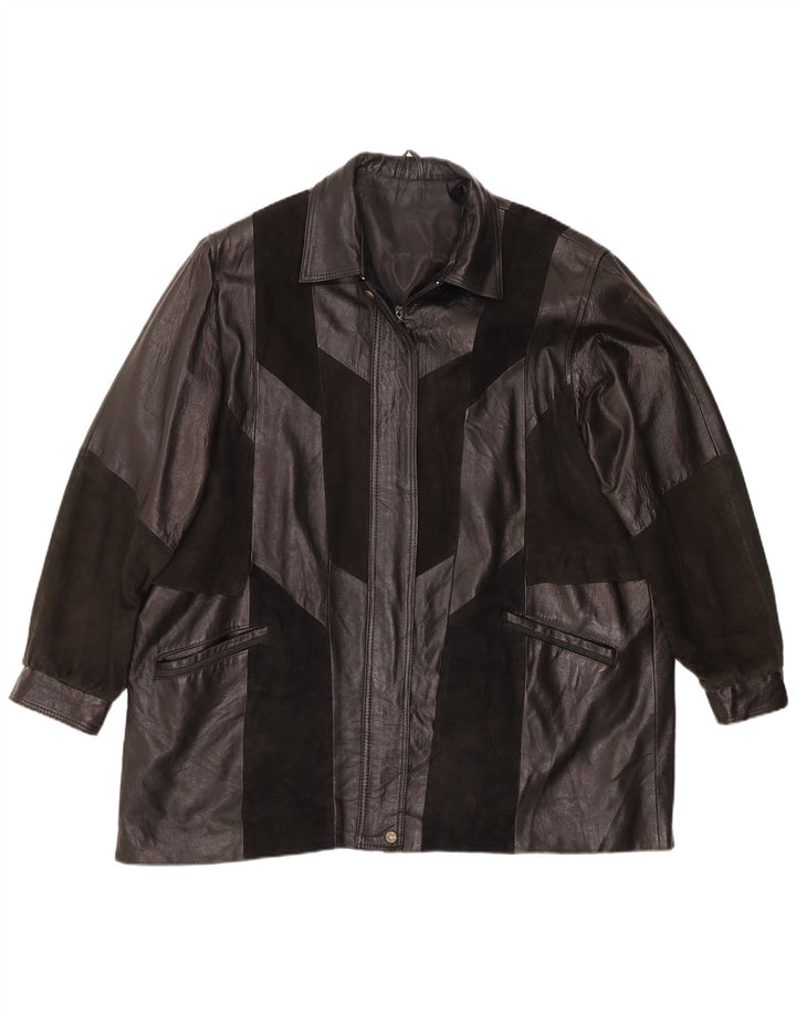 Giacca in pelle da donna vintage in pelle UK 20 2XL Patchwork nera retrò