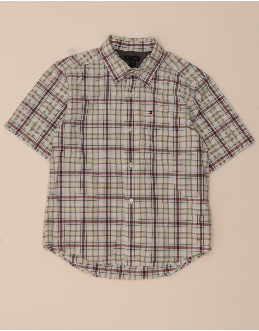 TOMMY HILFIGER Boys Short Sleeve Shirt 6-7 Years Small Grey Check Cotton