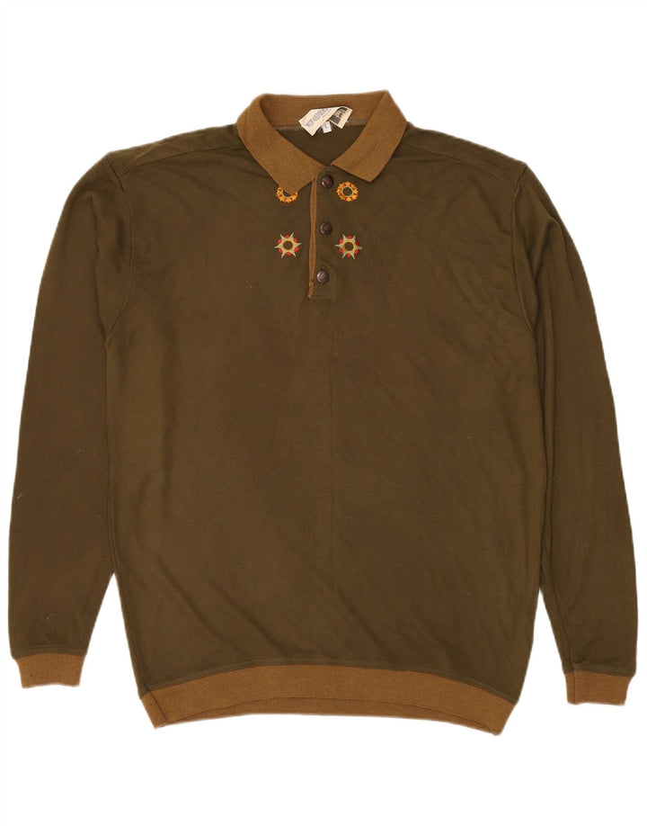VINTAGE Maglione da uomo con collo a polo grande acrilico kaki