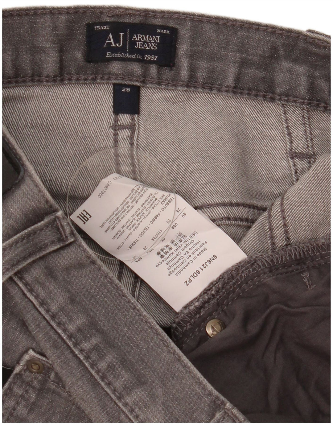 Jeans slim da uomo Armani W28 L29 cotone grigio