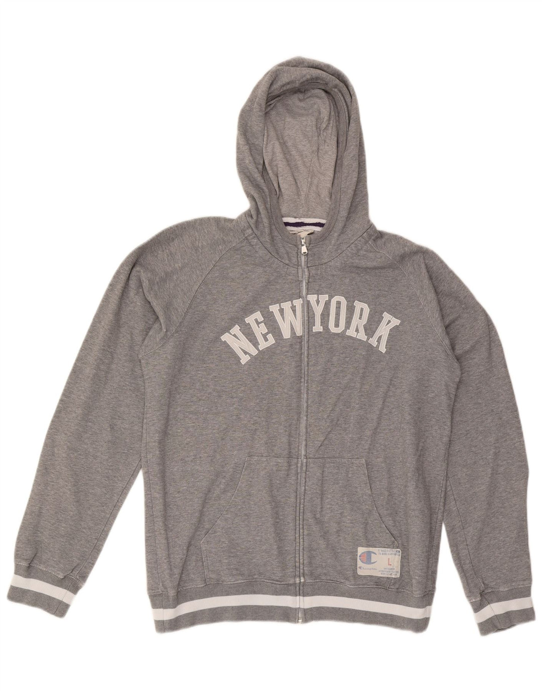 CHAMPION Mens Graphic Zip Hoodie Sweater Large Grey Cotton