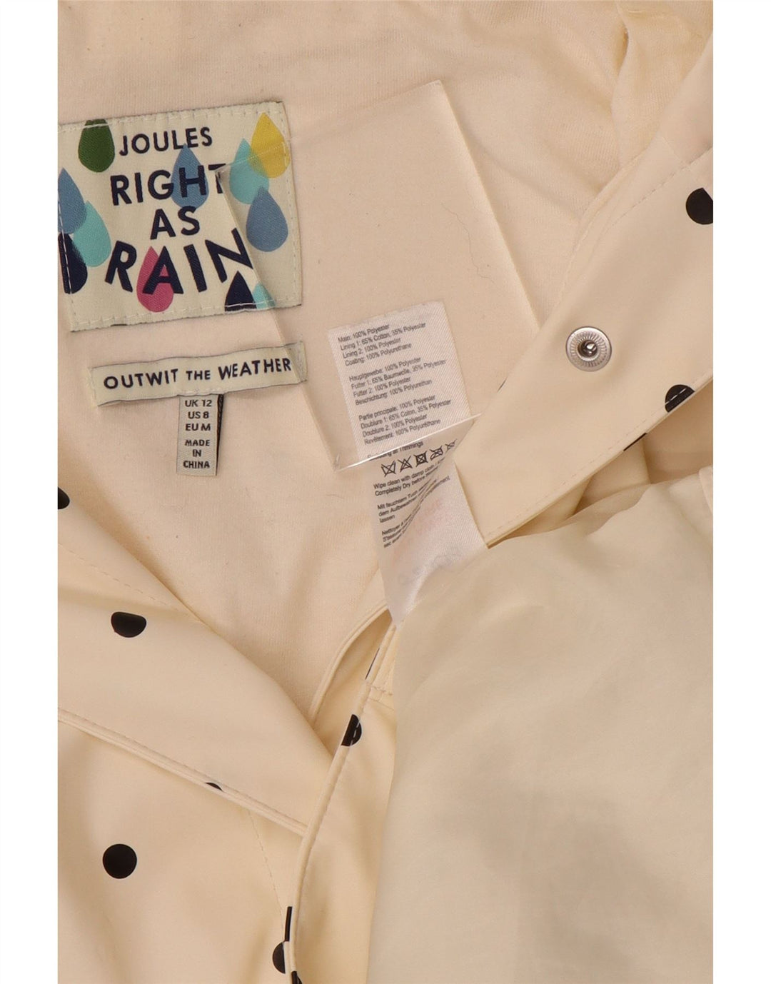 JOULES Impermeabile con cappuccio da donna UK 12 Medio poliestere a pois bianco sporco