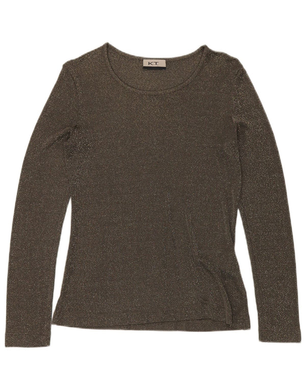 VINTAGE Top da donna a maniche lunghe UK 12 Viscosa screziata verde medio