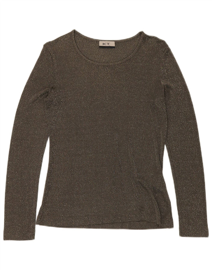 VINTAGE Top da donna a maniche lunghe UK 12 Viscosa screziata verde medio