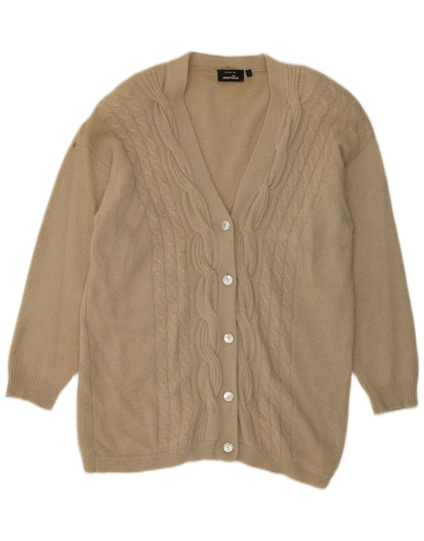 Maglione cardigan lungo da donna vintage UK 16 Lana d'agnello beige grande