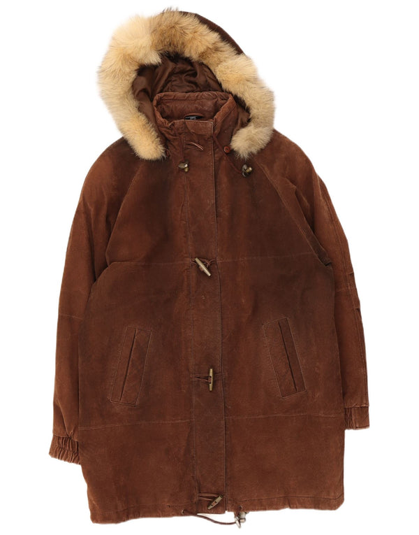 Soprabito vintage in pelle scamosciata con cappuccio da donna UK 14 grande in pelle marrone