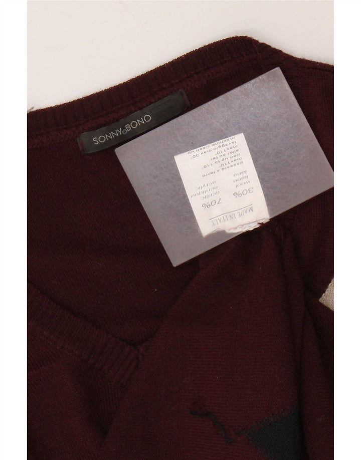 Sonny Bono Maglione da uomo con scollo a V, maglione medio bordeaux a rombi/lana diamante