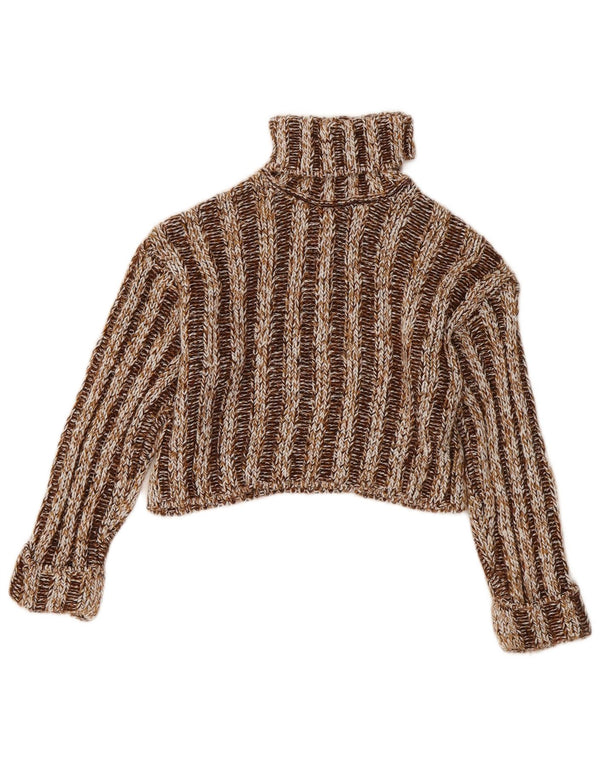 Zara Girls Crop Roll Neck Jumper Sweater 8-9 Years Brown Striped Acrylic