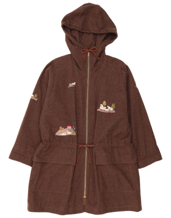 Vintage Womens Oversized Graphic Hooded Parka Jacket UK 10 Small Brown Wool