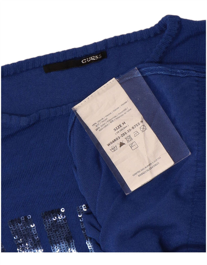 GUESS Maglione da donna con scollo a barchetta con grafica UK 12 Viscosa blu medio