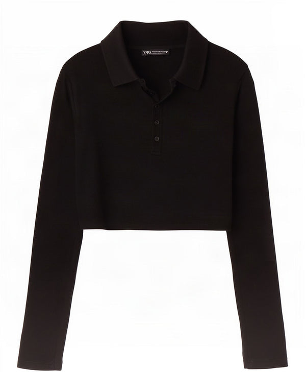 Zara Womens Crop Long Sleeve Polo Shirt UK 12 Medium Black