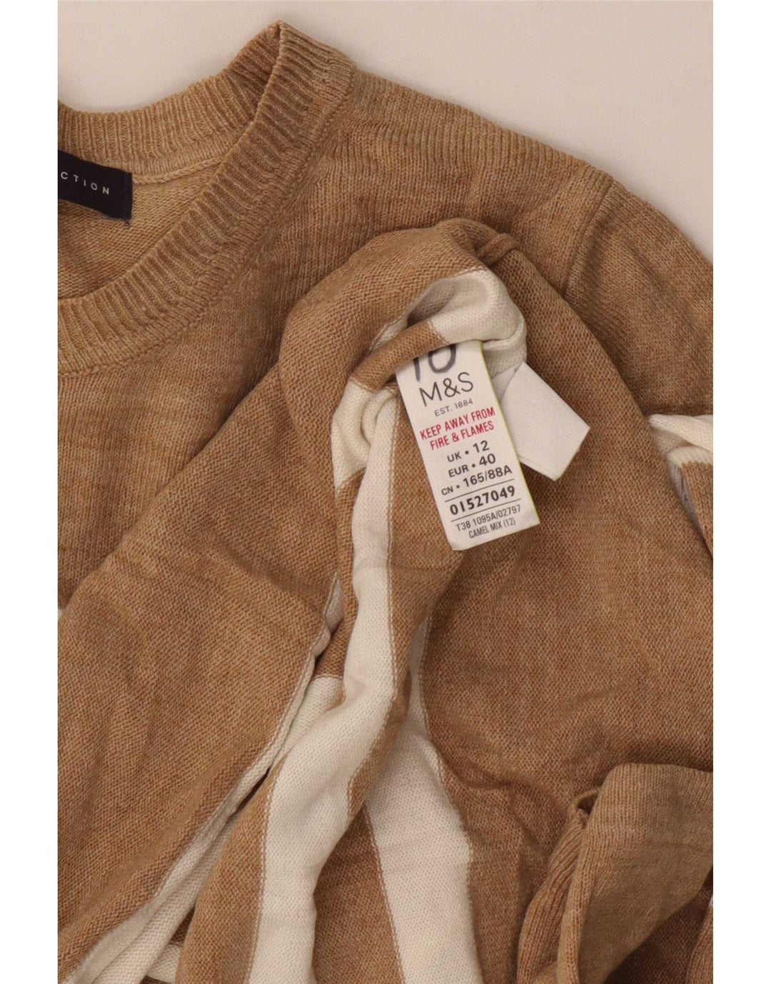 Maglione maglione con scollo a barca da donna Marks & Spencer UK 12 a righe beige medio