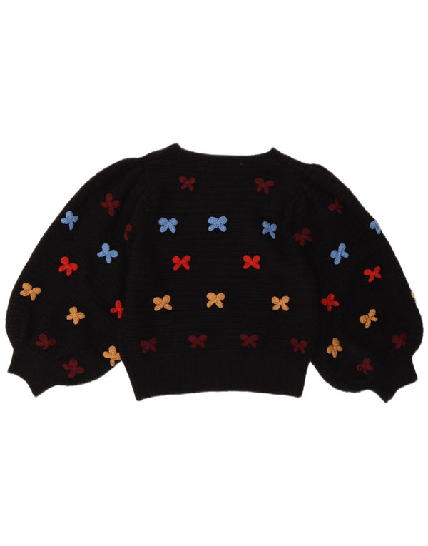 Maglione maglione girocollo da donna vintage con motivo astratto UK 10 piccolo nero