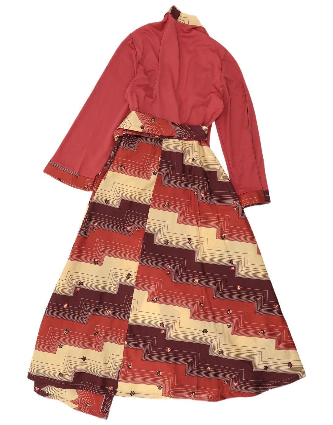Abito vintage da donna a maniche lunghe a portafoglio UK 14 medio multicolore retrò