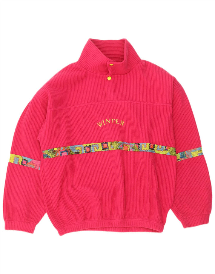 Maglione in pile grafico oversize da donna vintage UK 14 rosa medio