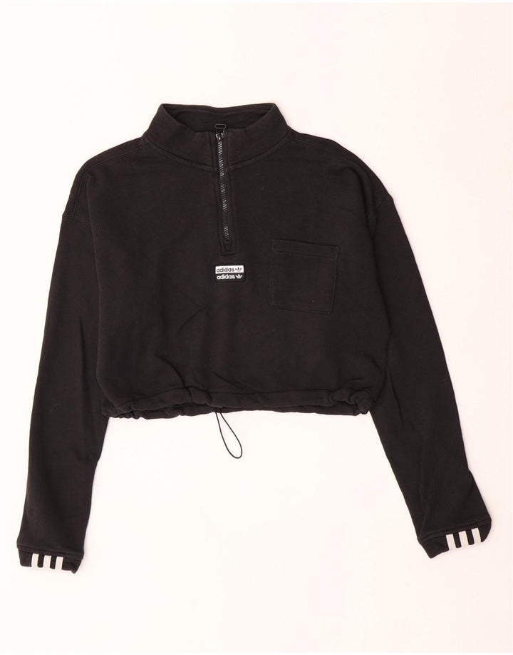 Felpa da donna Adidas con collo corto e zip, maglione UK 12, cotone nero medio