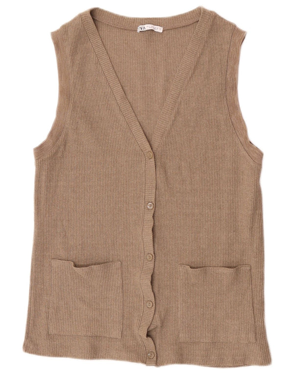 Maglione cardigan senza maniche da donna Zara UK 10 piccolo acrilico beige