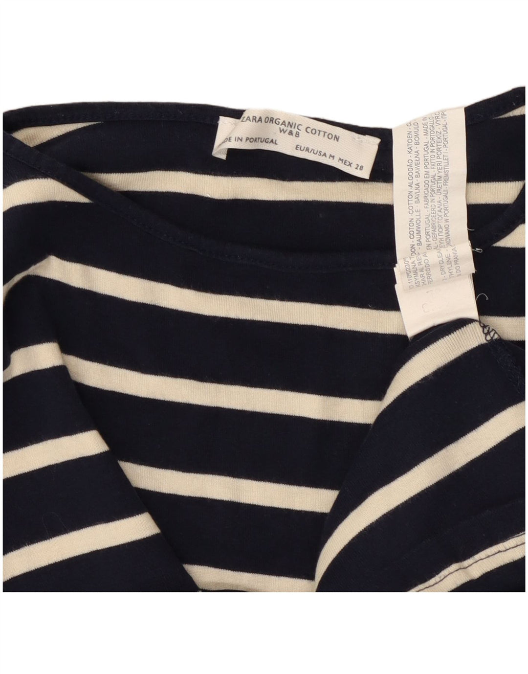 ZARA Top da Donna Manica 3/4 UK 12 Medio Cotone a Righe Blu Navy