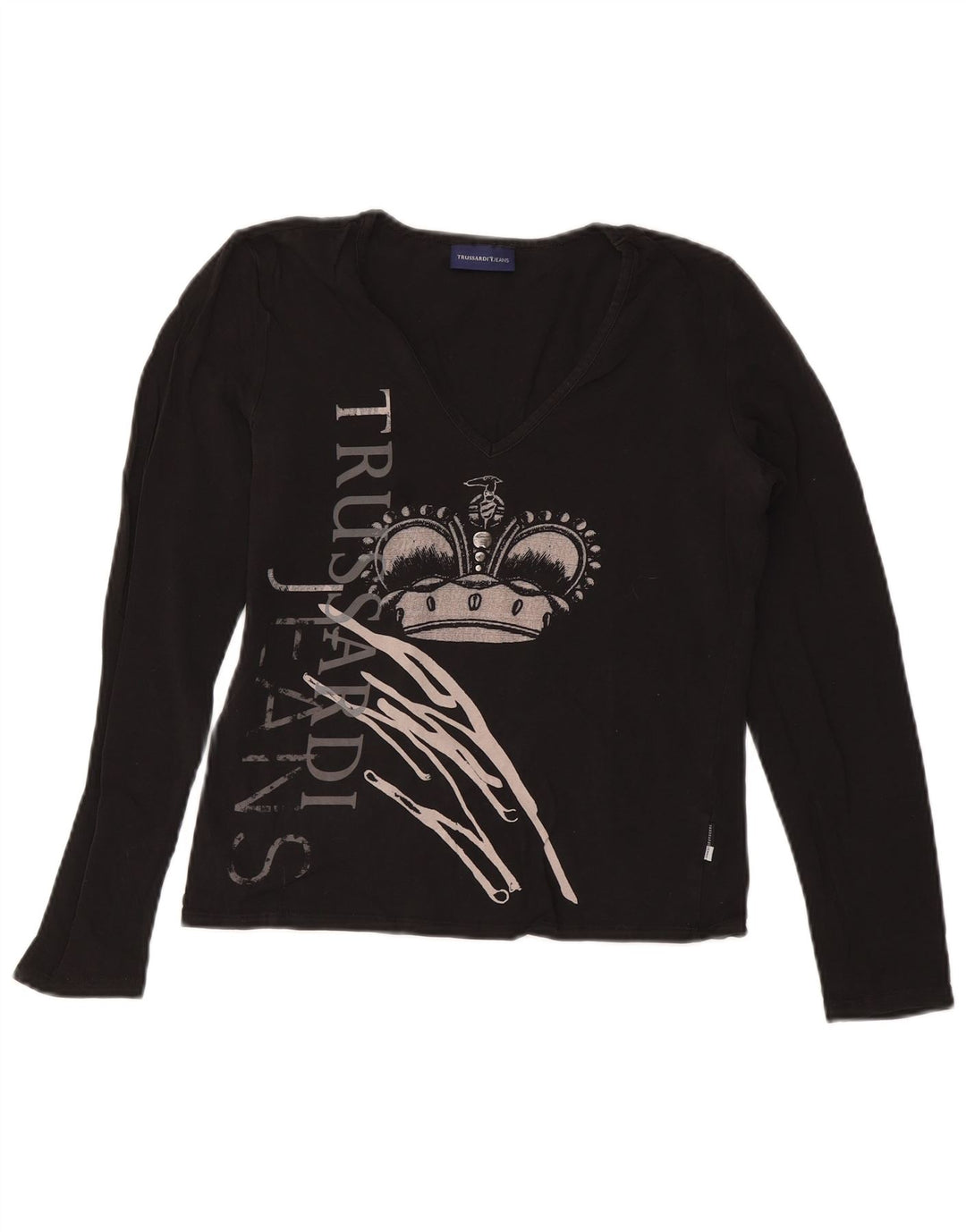 TRUSSARDI JEANS Top corto da donna con grafica manica lunga UK 14 Large Nero