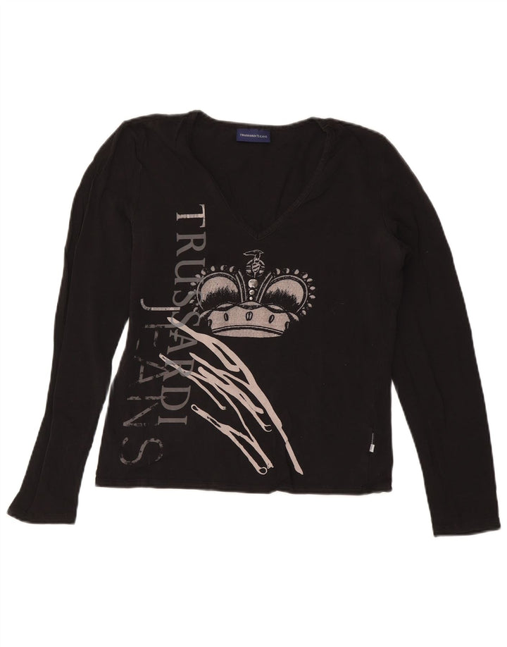TRUSSARDI JEANS Top corto da donna con grafica manica lunga UK 14 Large Nero