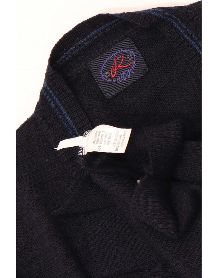 Maglione cardigan grafico da uomo vintage XL in lana blu navy