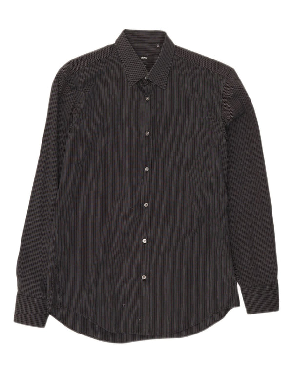 Camicia slim fit da uomo Hugo Boss taglia 39 15 1/2 cotone gessato medio nero