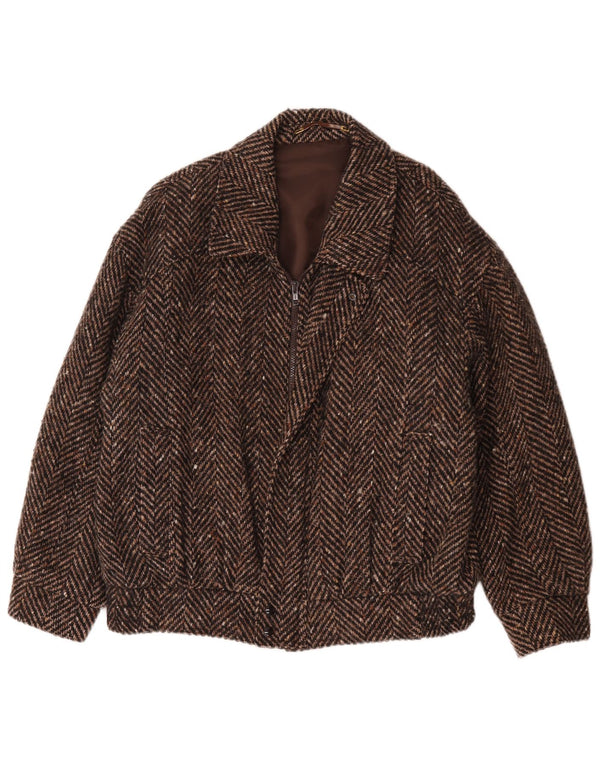 Giacca a vento bomber da uomo vintage UK 42 XL lana a spina di pesce marrone