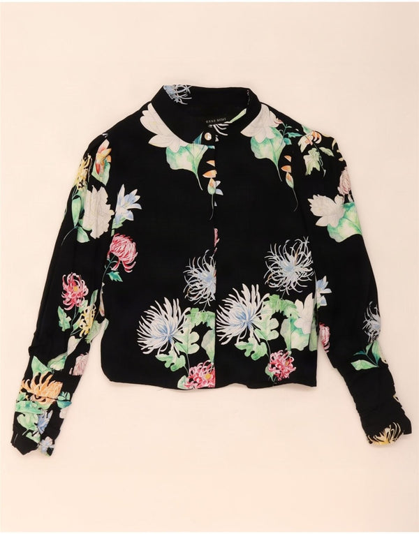 Camicetta corta a maniche lunghe da donna Zara UK 10 piccola viscosa floreale nera