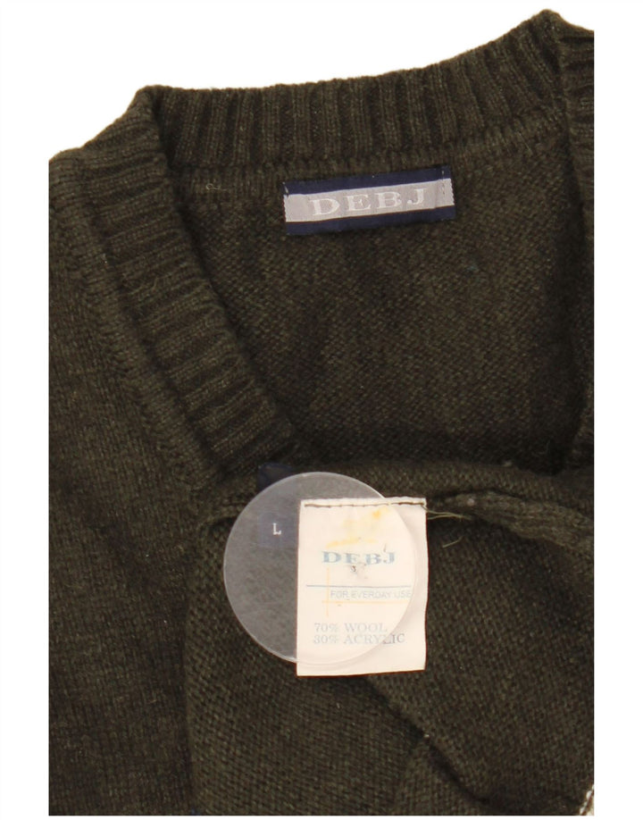 Maglione vintage da uomo con scollo a V grande lana kaki a rombi/diamante