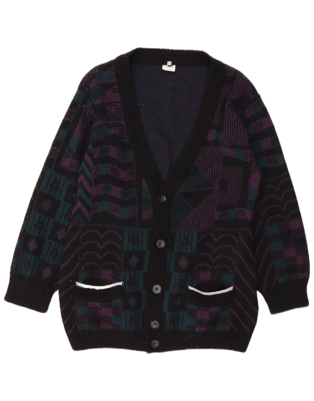 PIMET MAGLIERA Maglione cardigan da donna UK 18 XL Nero geometrico