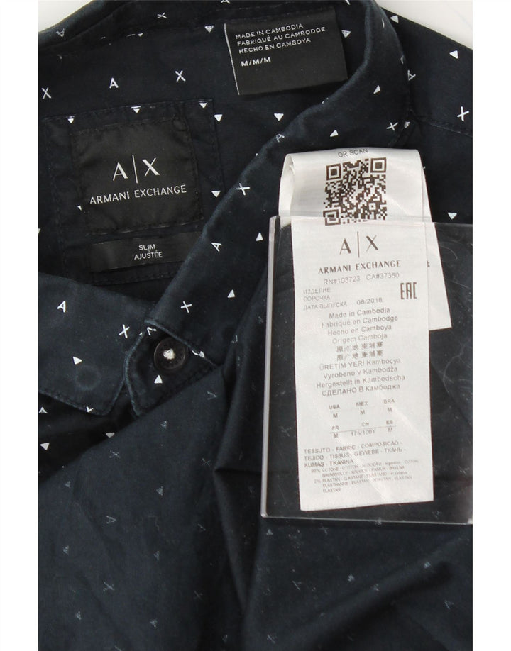 ARMANI EXCHANGE Mens Graphic Slim Shirt Medium Navy Blue Cotton Vintage Armani Exchange and Second-Hand Armani Exchange from Messina Hembry 