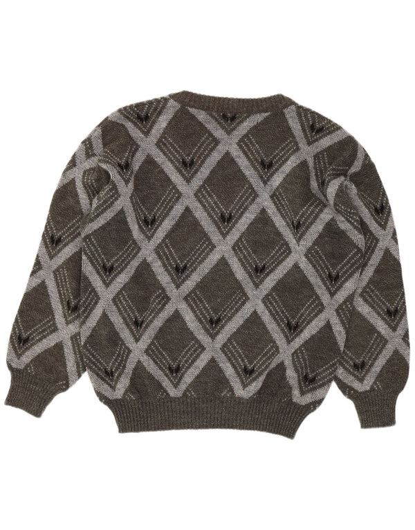 Maglione vintage da uomo con scollo a V IT 54 XL Lana grigia a rombi/diamante