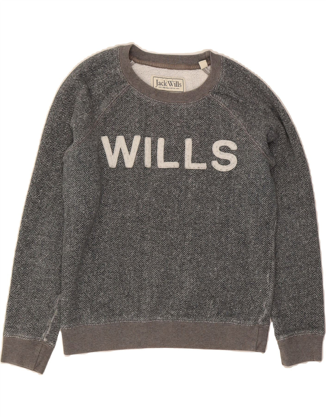 JACK WILLS Womens Graphic Sweatshirt Jumper UK 8 Small Grey Herringbone Vintage Jack Wills and Second-Hand Jack Wills from Messina Hembry 