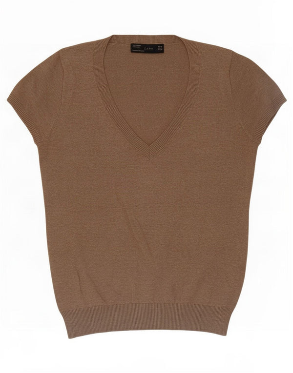 Maglione Zara da donna a maniche corte con scollo a V UK 12 Cotone marrone medio