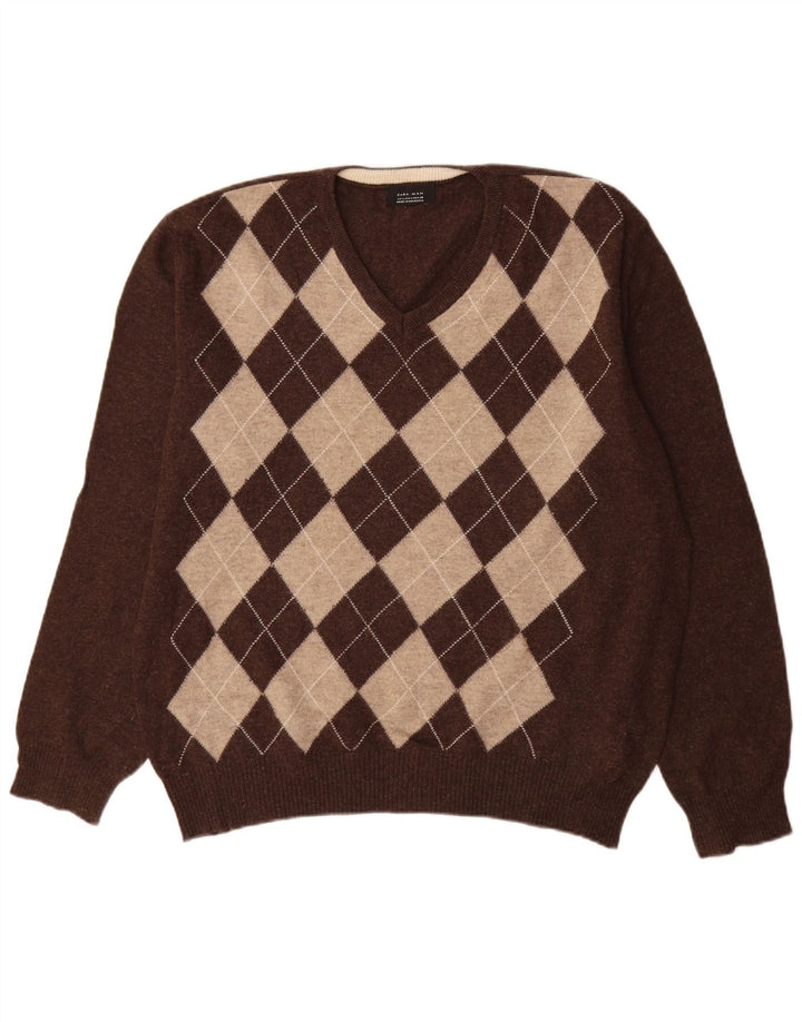 Maglione Zara da uomo con scollo a V grande marrone a rombi/lana diamante