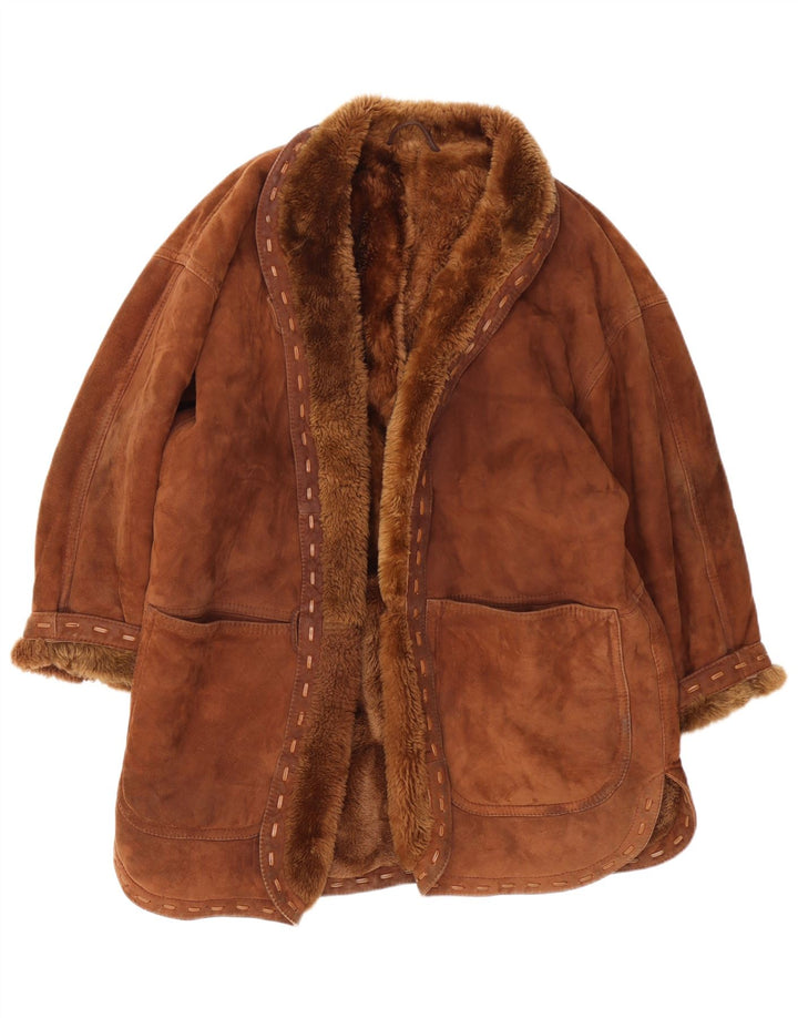 Giacca vintage in shearling aperta da donna UK 18 XL Marrone