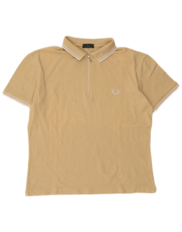 Fred Perry Womens Polo Shirt UK 14 Large Beige Striped Cotton