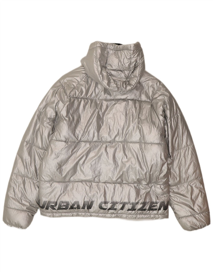 Giacca imbottita con cappuccio grafica oversize da donna Zara EU 38 piccola in nylon argento